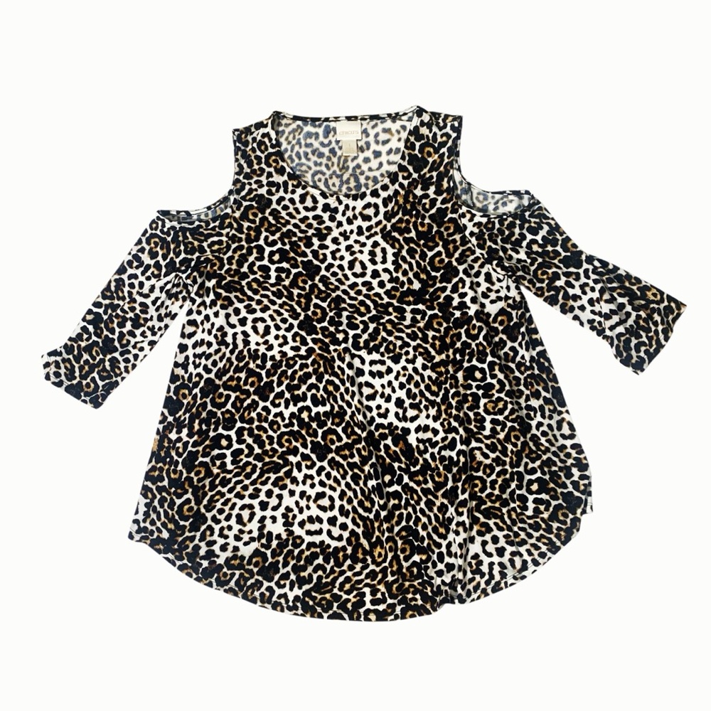 Chicos Women Animal Print Cold Shoulder Short Sleeve Sz 1 Blouse Top Medium